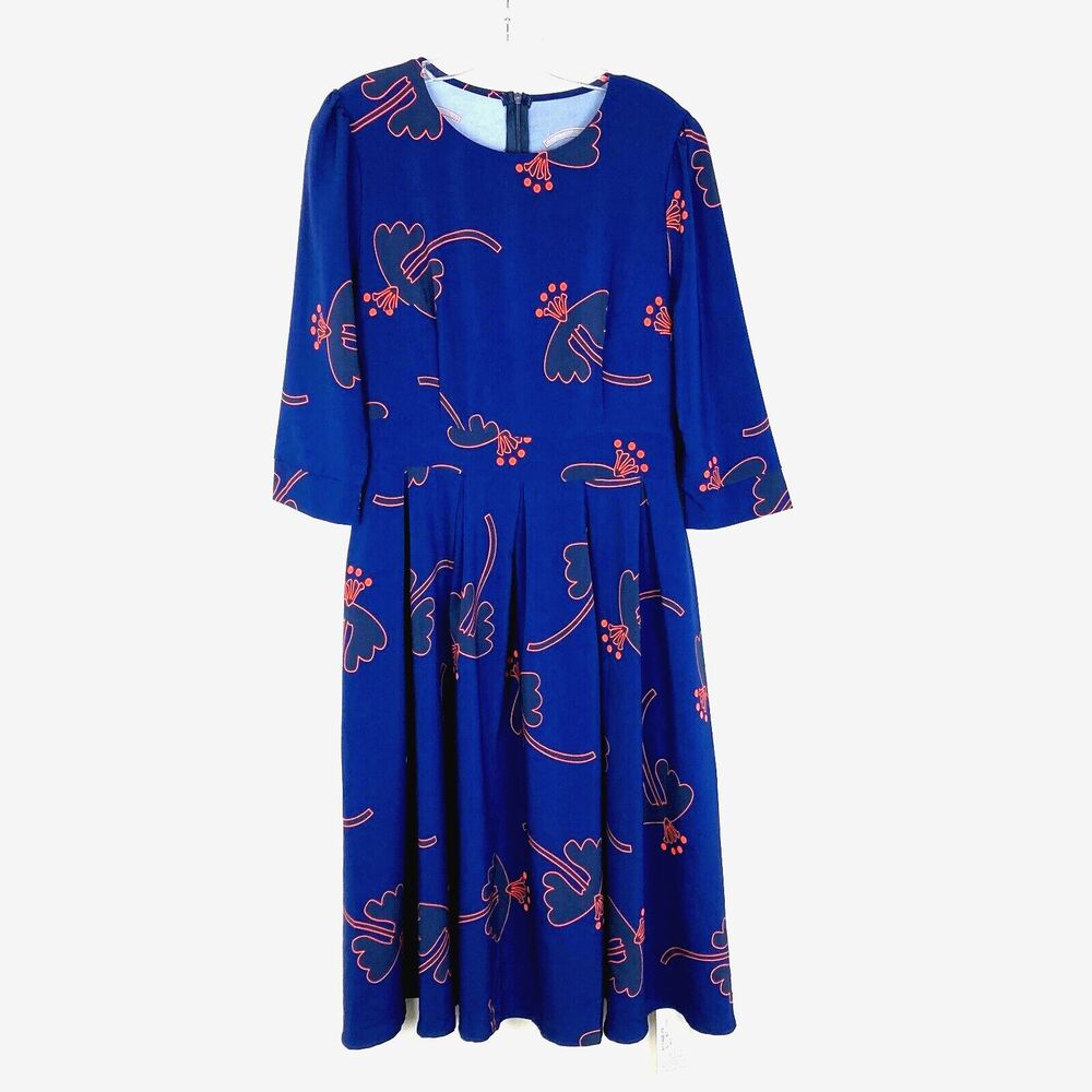 Simple Flavor Woman NWT Fit & Flare Midi Dress Size S-M Blue Floral Loose Pleats
